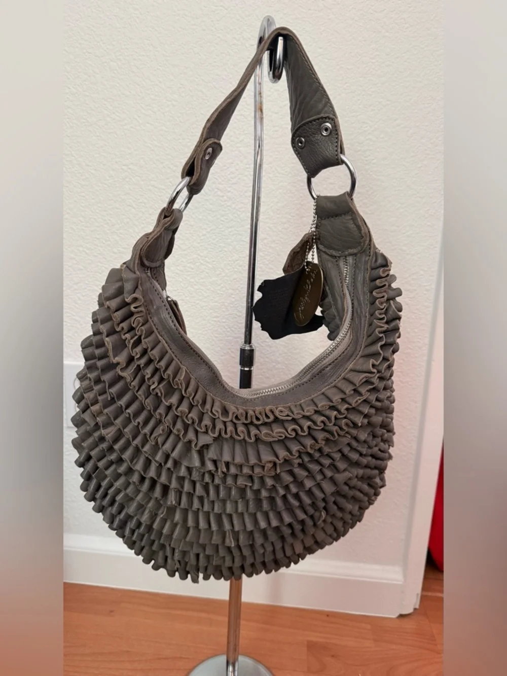 Ruffled Hobo Shoulder Bag in Charcoal
